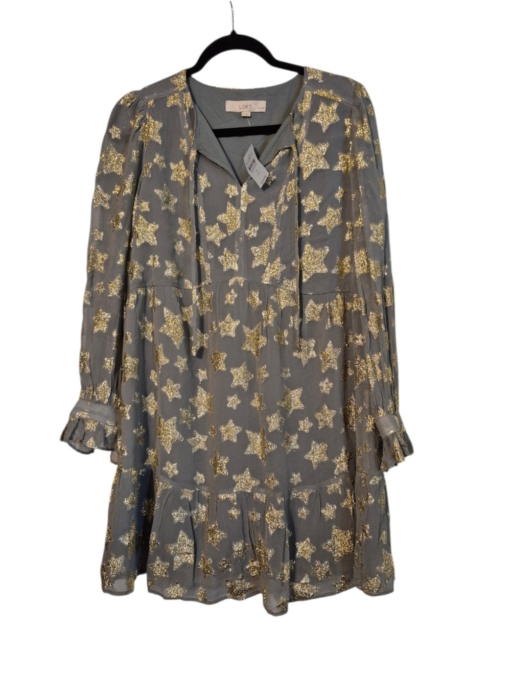 LOFT Gray Blouse with Gold Glitter Star Print